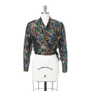 Marc Daly Eyelash Metallic Wrap Top Long Sleeve Blouse Shirt Sparkle Evening